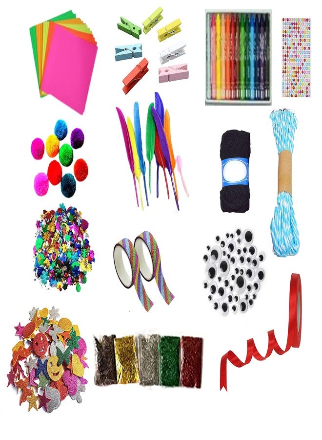 KHUSHA CREATIONS DIY Craft Material Kit/Gift for Kids/Pompoms Feather Origami Sheets Crystal Foam Stickers Googly Eyes Tapes Sequins Colorful Wooden Clips Paper Dori Wool Glitter Crayons Combo - Image 1